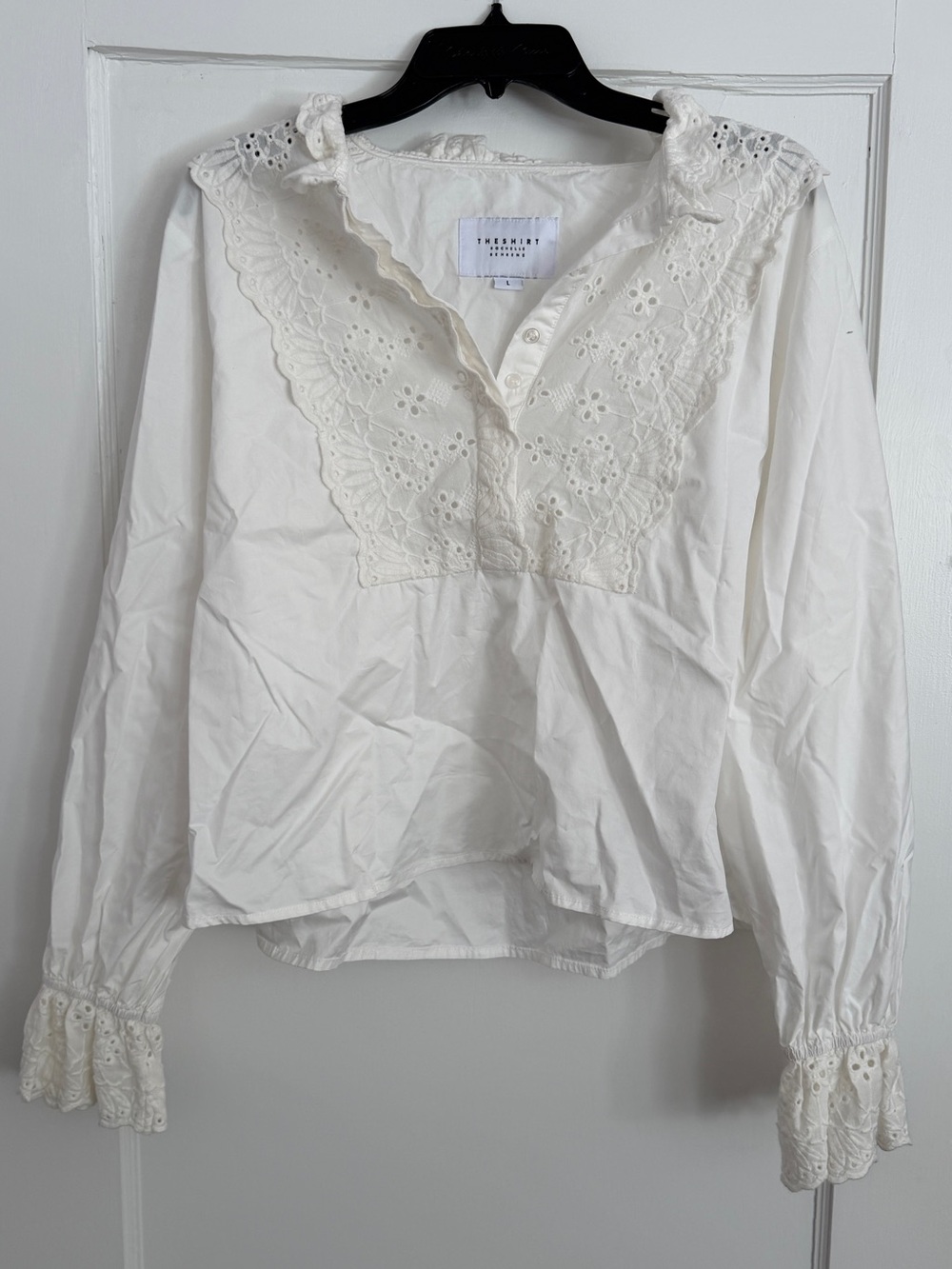 The Shirt by Rochelle Behrens Cream Eyelet Lace V-Neck Blouse